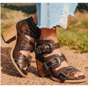 Freebird Boots 8 Steven Violet Studded Open Toe Western Booties Brown